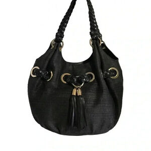 Michael kors black straw shoulder handbag with leather strap & trim